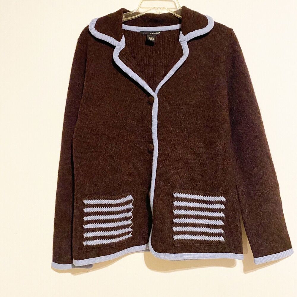 A Giannetti Cardigan Button Front Sweater Wool Medium Pockets Brown Blue Stripe